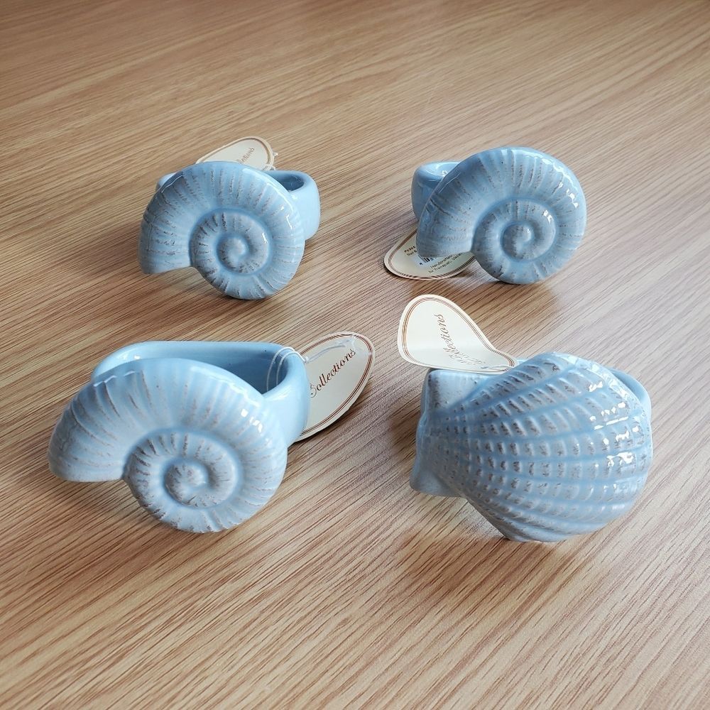 Seashell beachy coastal ceramic napkin rings set of four